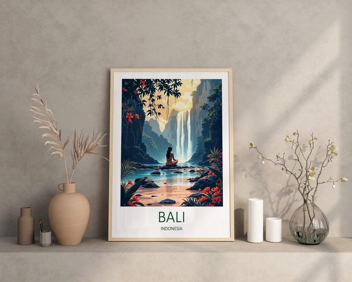 Bali Indonesia Waterfall Oasis With Meditating Figure Poster - Image 2