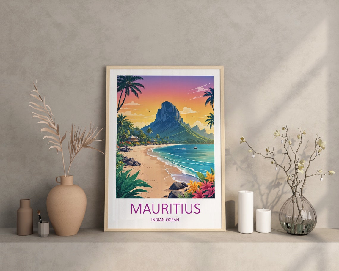 Mauritius Indian Ocean Beach at Sunset With Tropical Mountain Poster - Image 4