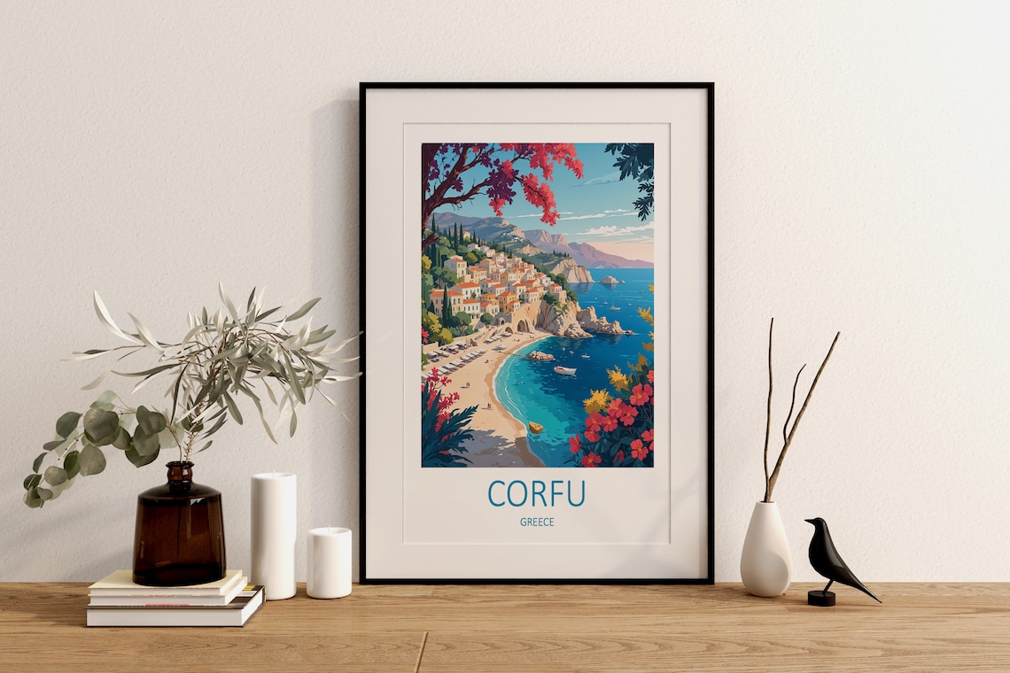 Corfu Greece Scenic Coastal Town With Flowering Bay View Poster - Image 4