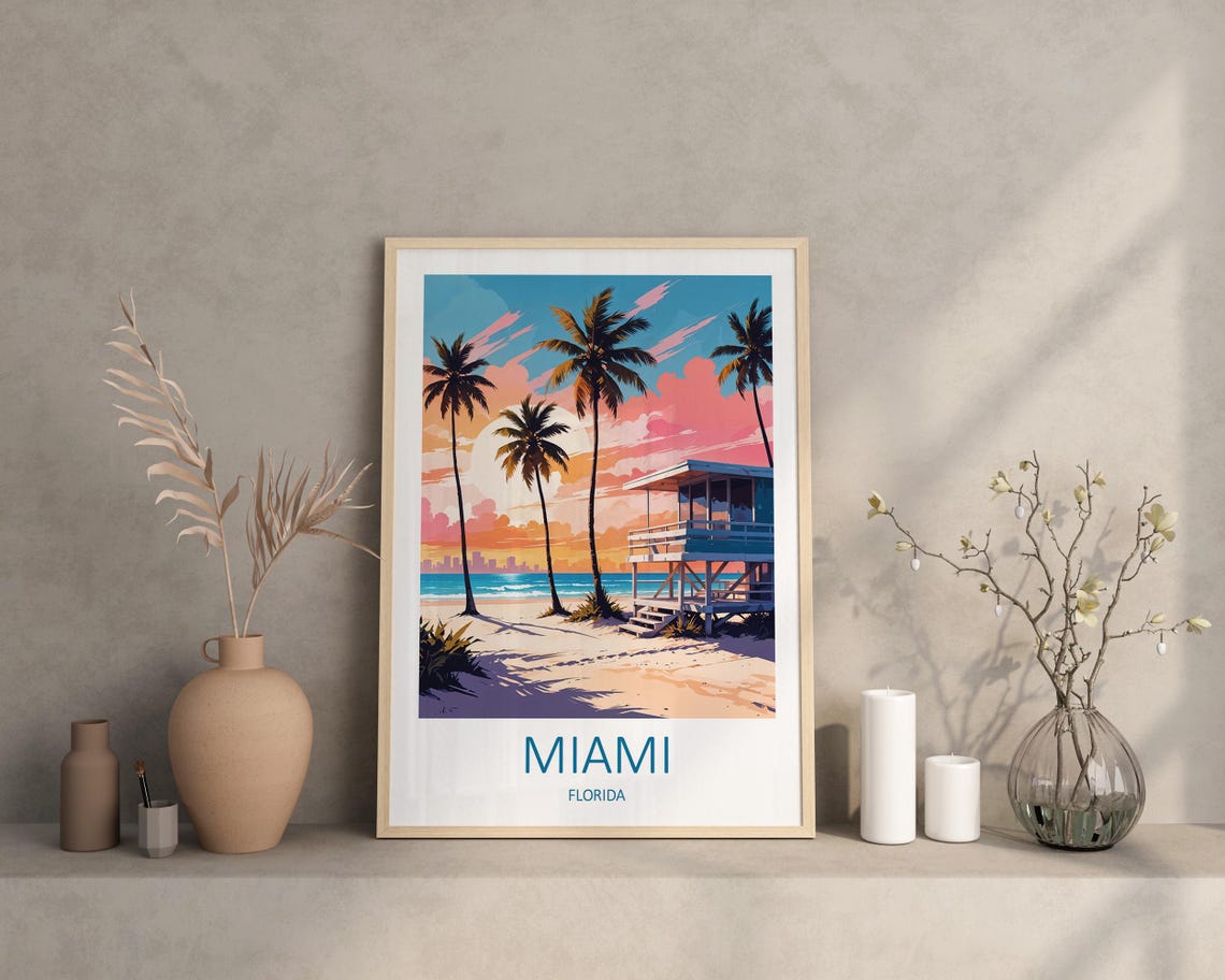 Miami Florida Lifeguard Tower Beach Sunset With Palm Trees Poster - Image 3