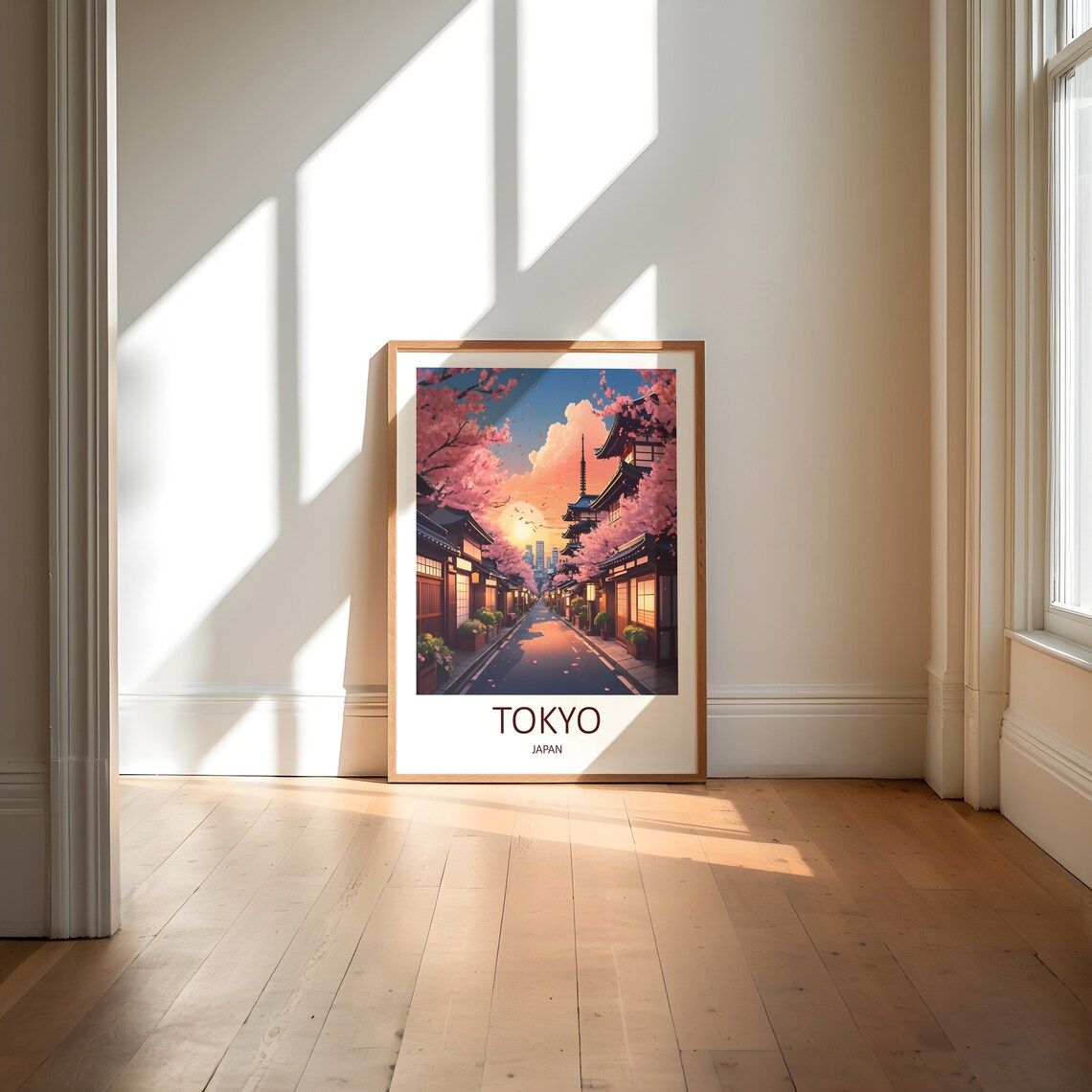 Tokyo Japan Cherry Blossom Street Temple Sunset Glow Art Poster - Image 5