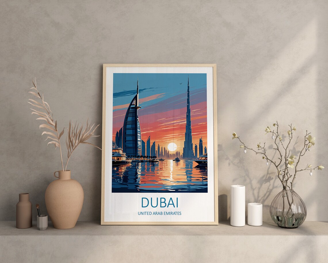 Dubai UAE Sunset Skyline Burj Khalifa Burj Al Arab Water Poster - Image 4