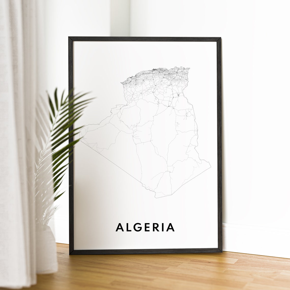 Algeria Minimalist Black and White Outline Country Map Poster - Image 2