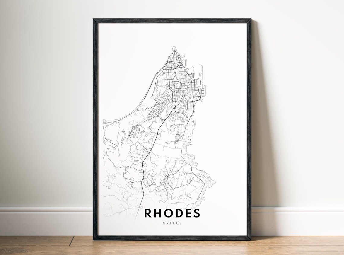 Rhodes City Greece Map Poster Black And White Minimalistic Art