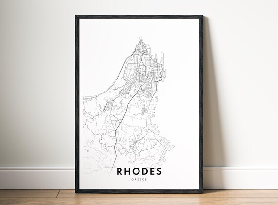 Rhodes City Greece Map Poster Black And White Minimalistic Art