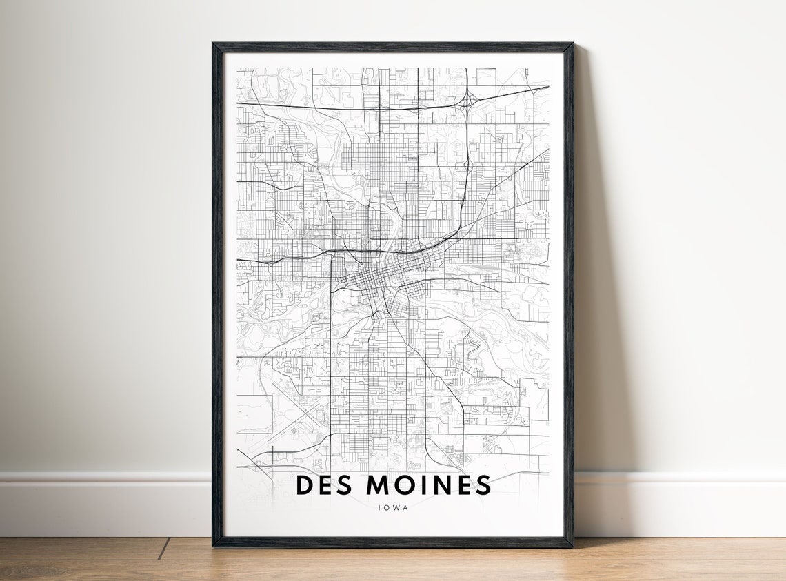 Des Moines Iowa Minimalist Black And White City Street Map Poster