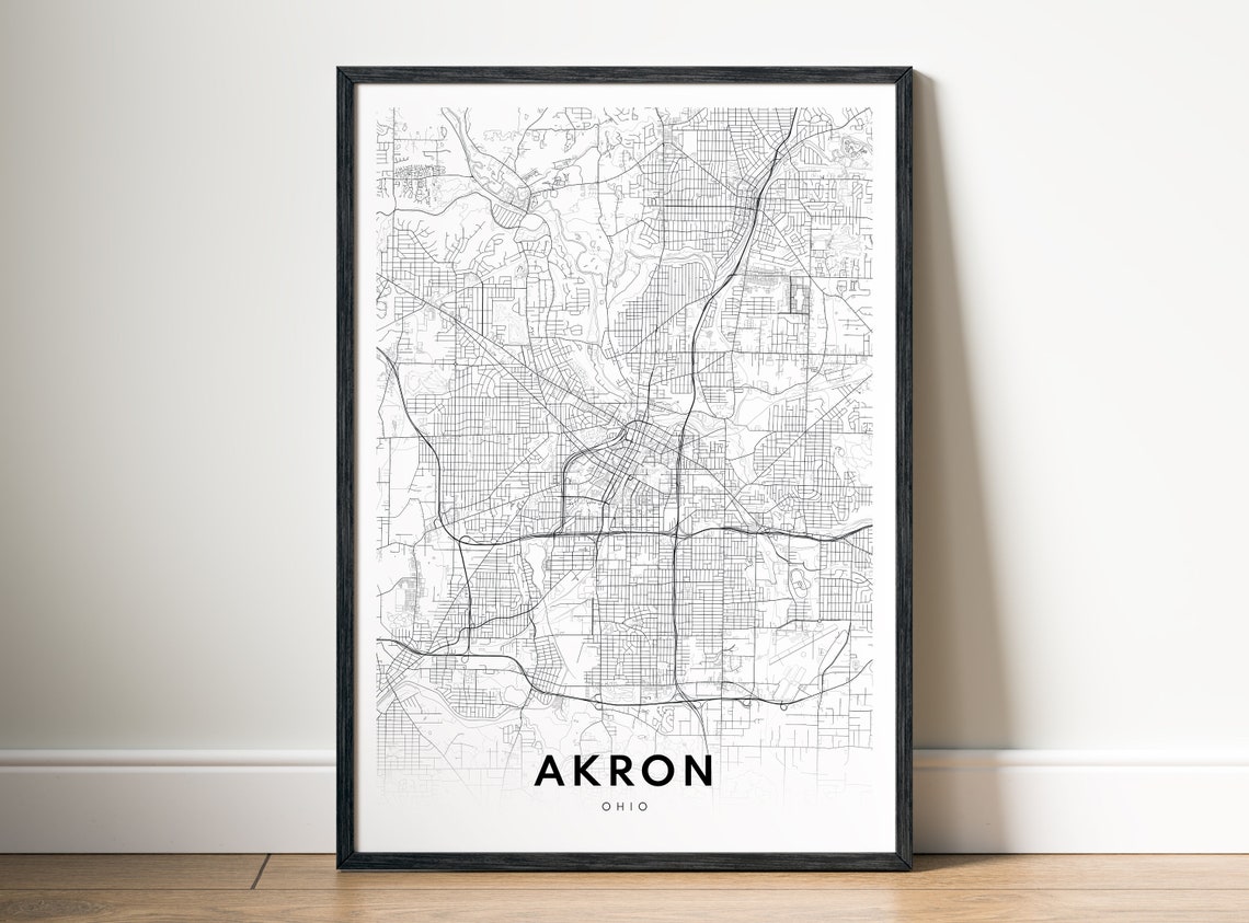 Akron Ohio City Street Map Black White Minimalist Map Poster