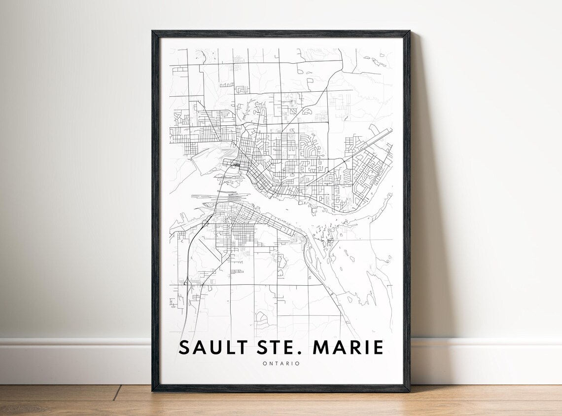 Sault Ste Marie City Map Poster Ontario Black And White Minimalistic