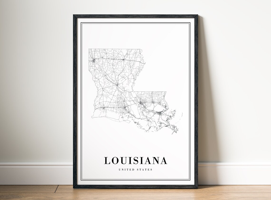 Louisiana State Road Map Minimalist Black White Line Sketch Art Poster
