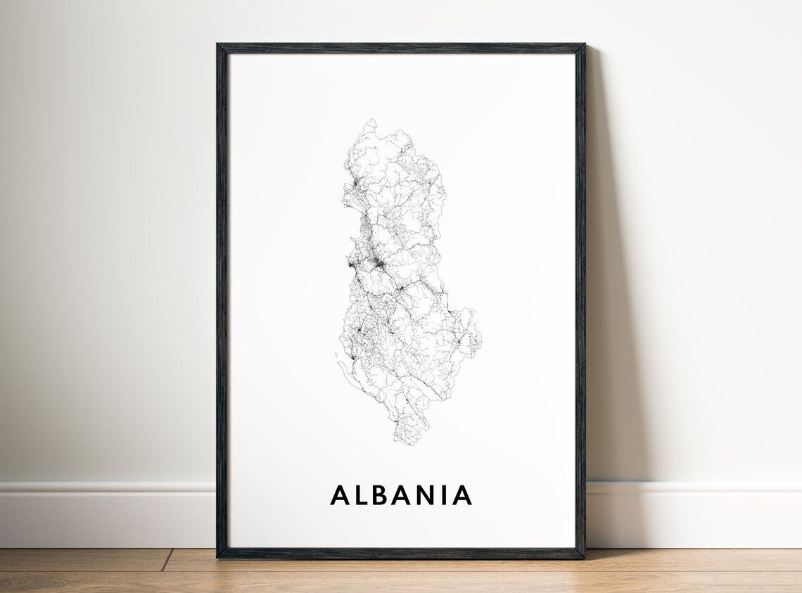 Albania Country Road Map Minimalist Black And White Wall Art - Image 5
