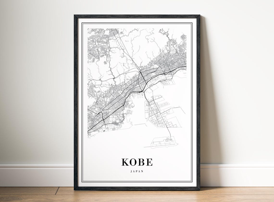 Kobe Japan Black And White Minimalist City Street Map Art Poster - Image 5