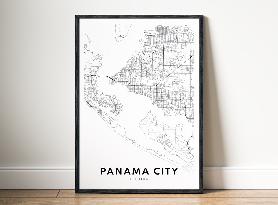 Panama City Florida Beach Coast Street Map Black White Print
