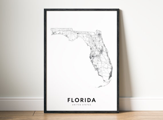 Florida State Map Print, Black and White Travel Poster