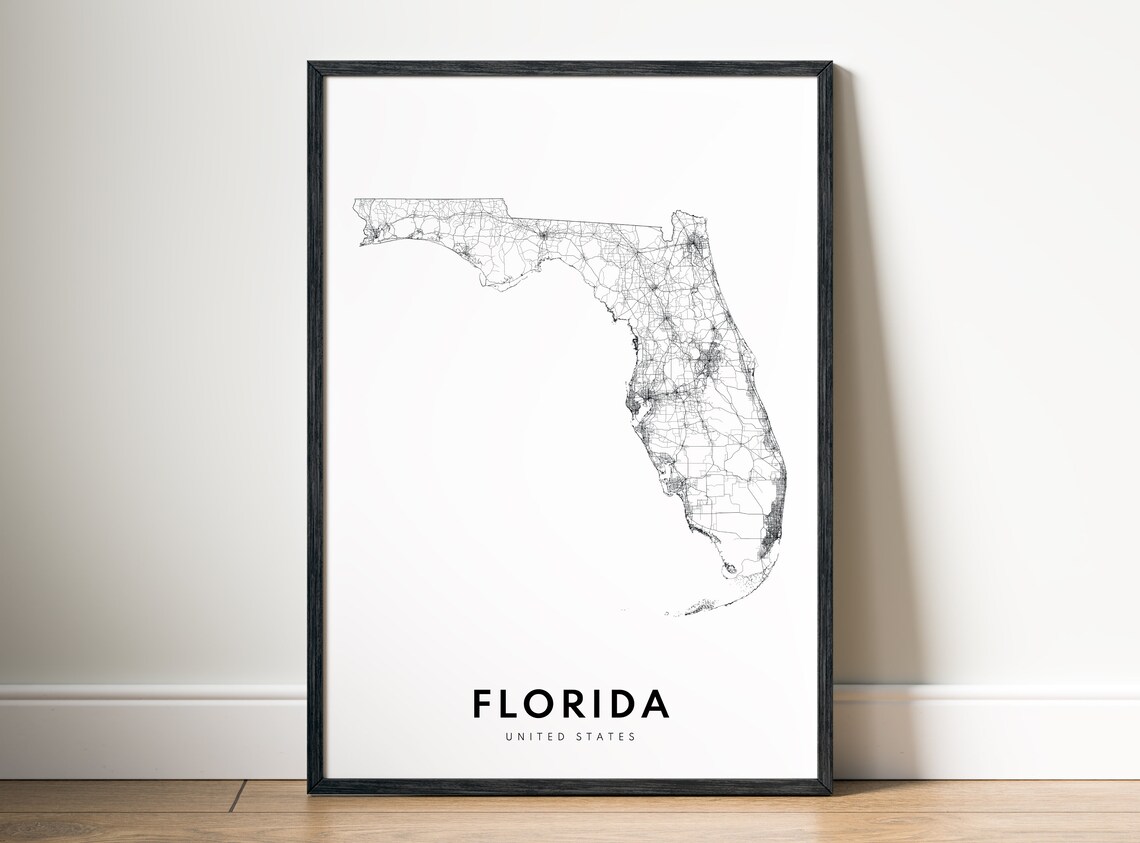 Florida State Map Print, Black and White Travel Poster