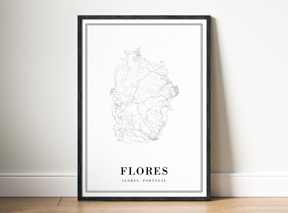 Flores Aores Map Poster Print Island Black And White Art Wall Sketches