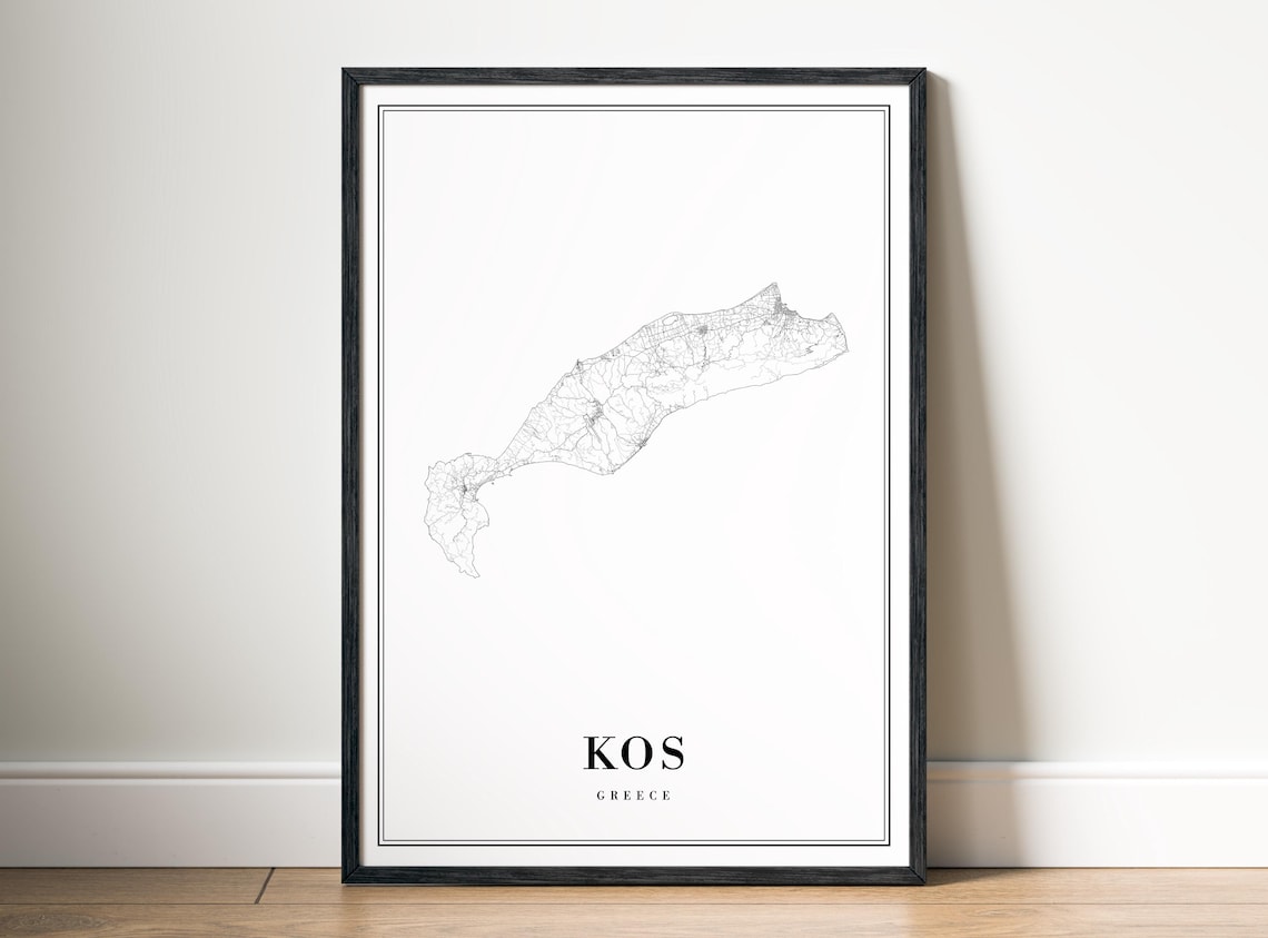 Kos Island Map Print Greece Poster Black And White Wall Art Sketch
