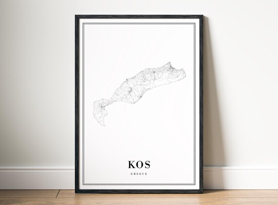 Kos Island Map Print Greece Poster Black And White Wall Art Sketch