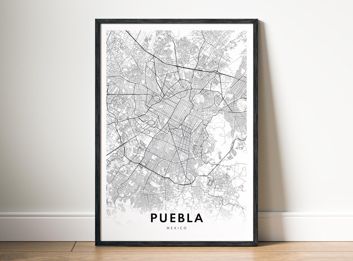 Puebla Map Print Mexico Poster Black And White Wall Art Sketch