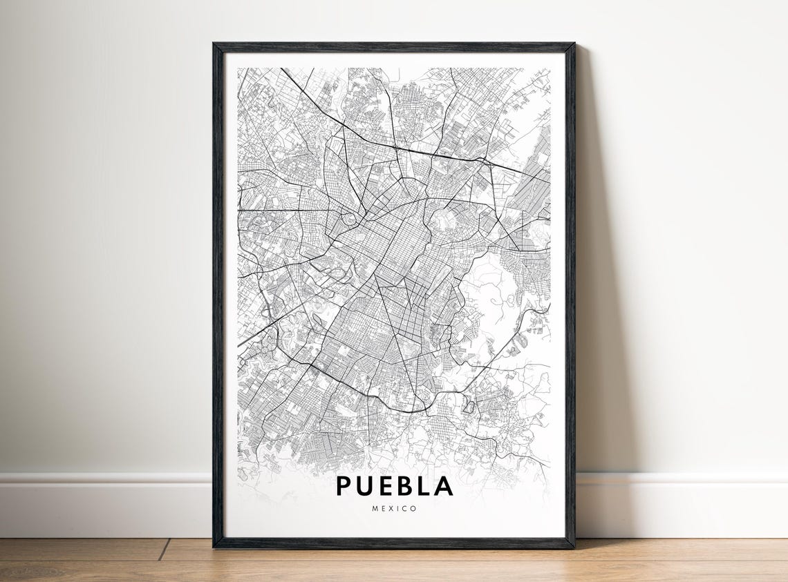 Puebla Mexico City Street Map Minimalist Black Line Art Poster