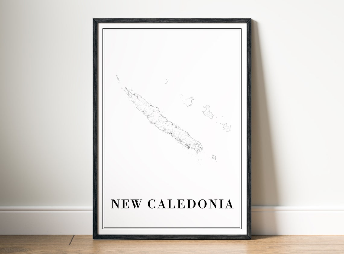 New Caledonia Island Map Minimalist Black and White Travel Poster