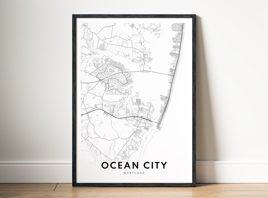 Ocean City Maryland Coastal Street Map Minimal Line Art Print