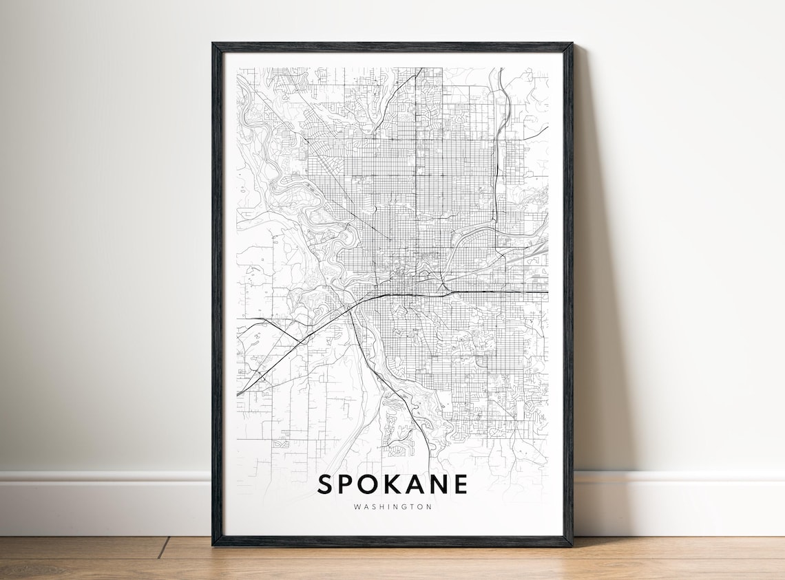 Spokane WA Map Print, Black And White Minimalist