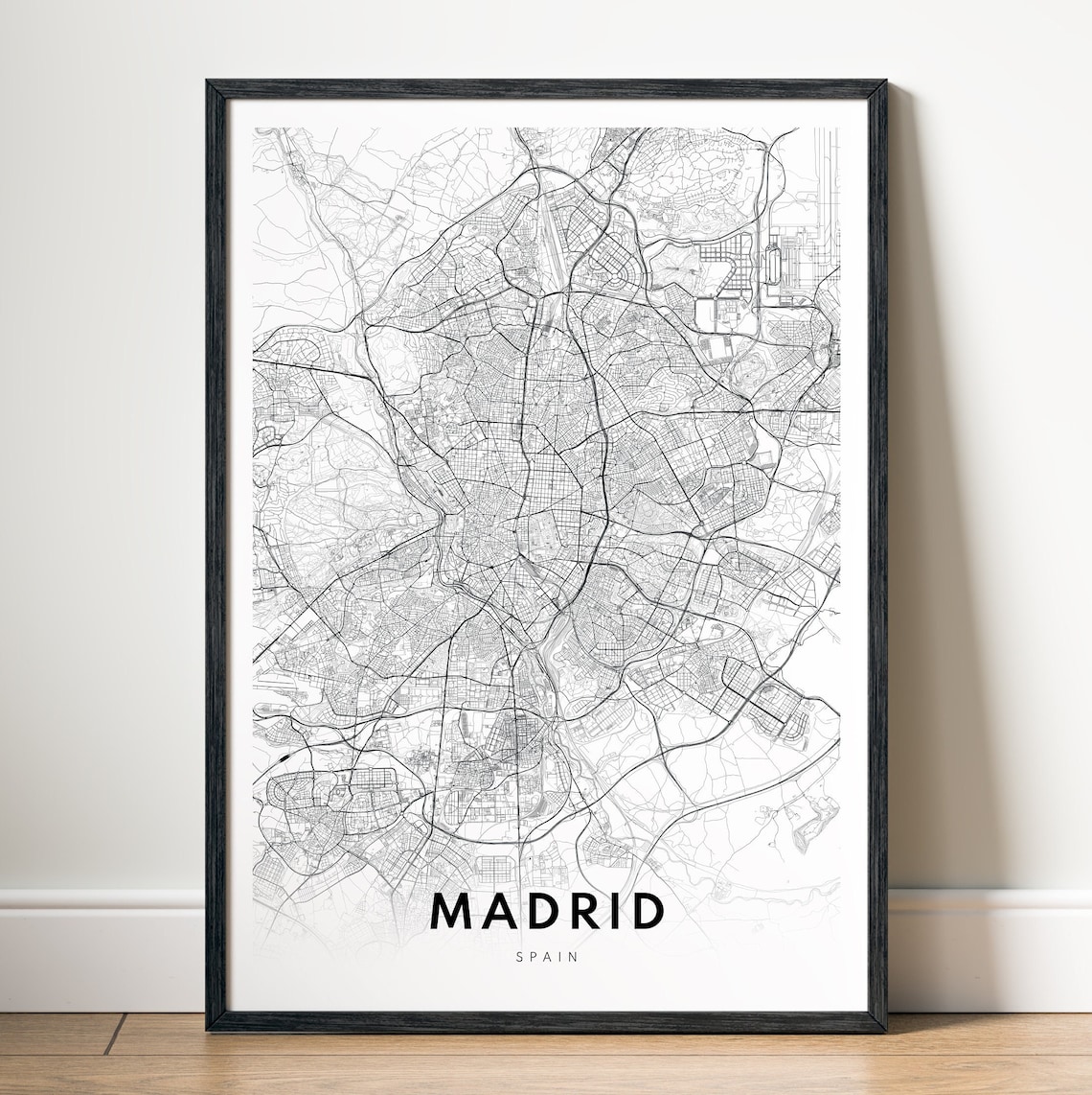 Madrid Spain Map Print, Black And White Travel Poster
