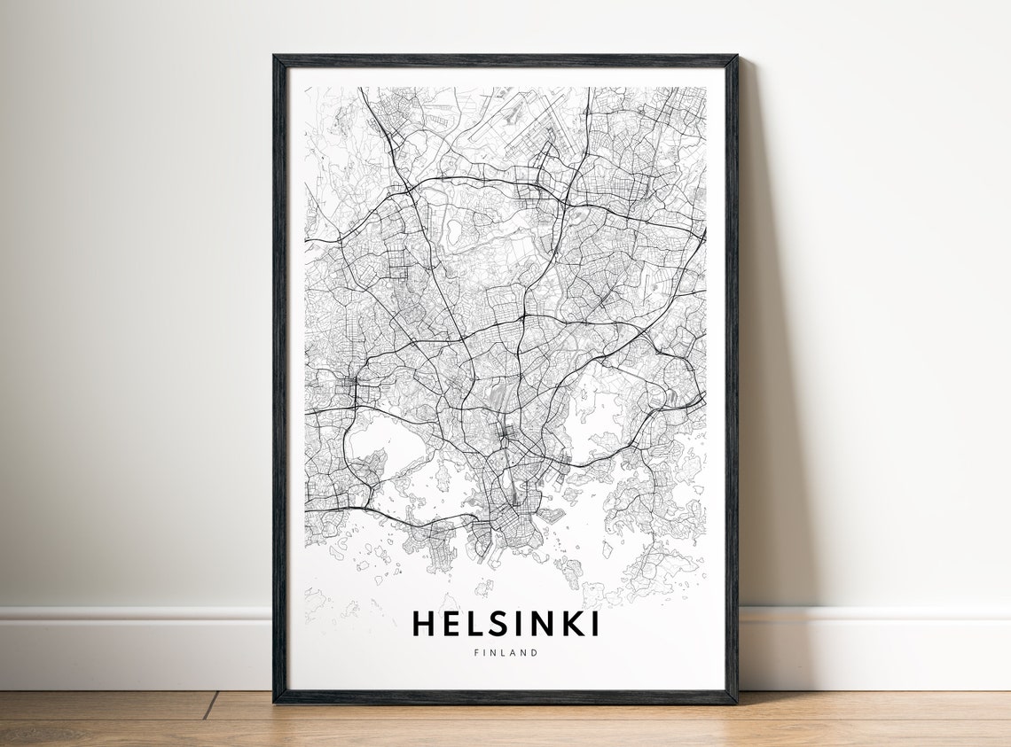 Helsinki Finland Modern Minimalist Black White City Street Map Poster