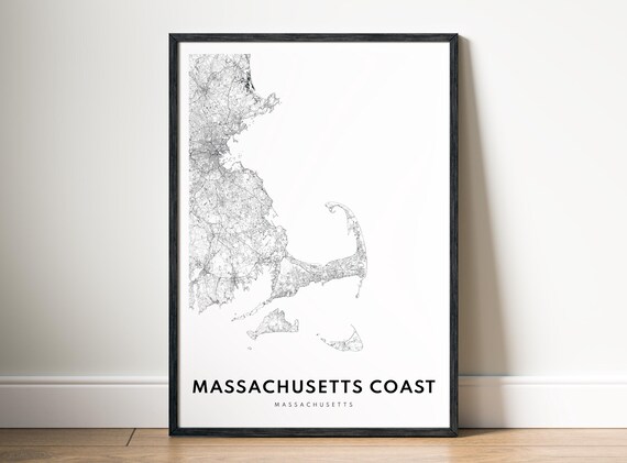 Massachusetts Coast Map Poster Black And White