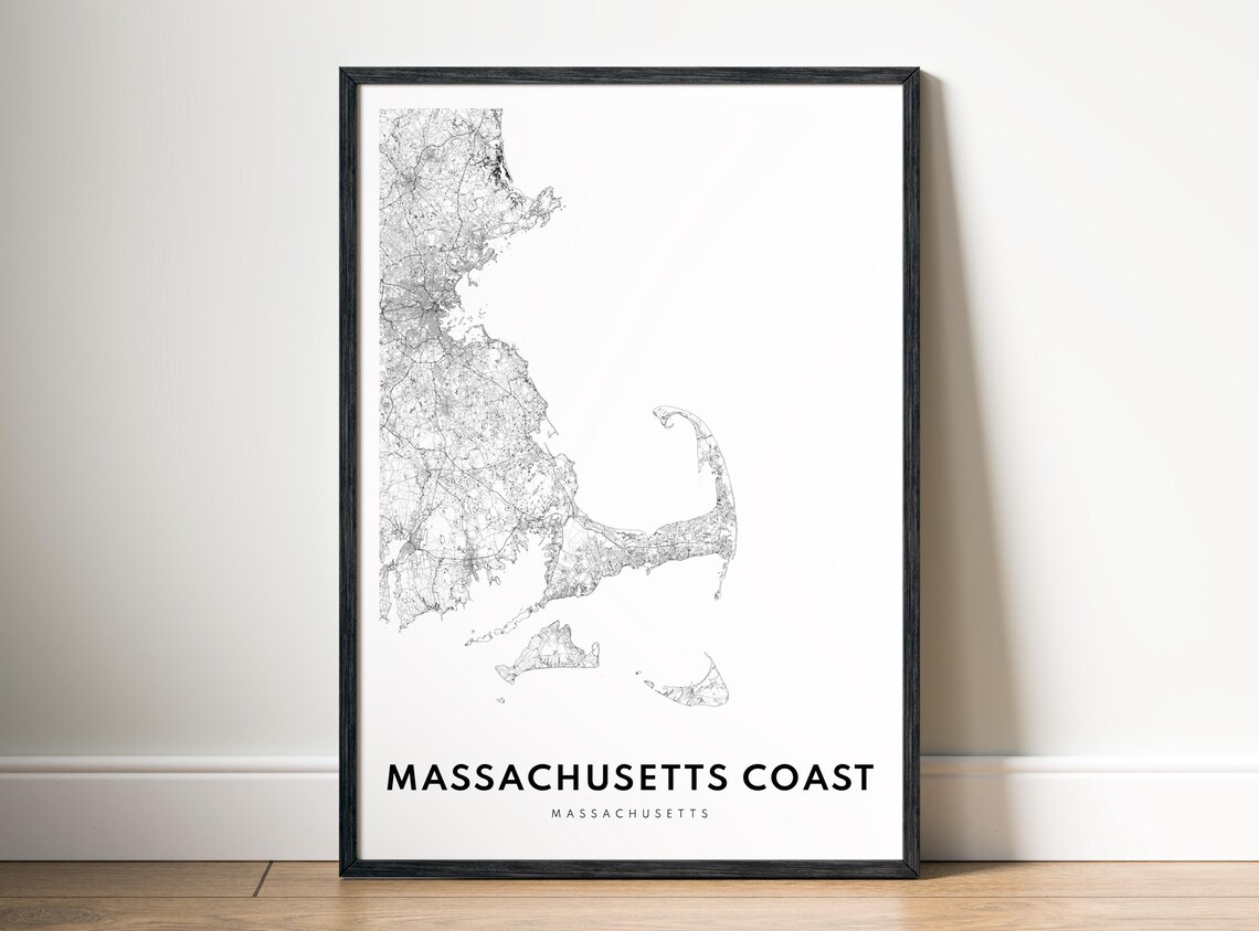 Massachusetts Coast Map Poster Black And White