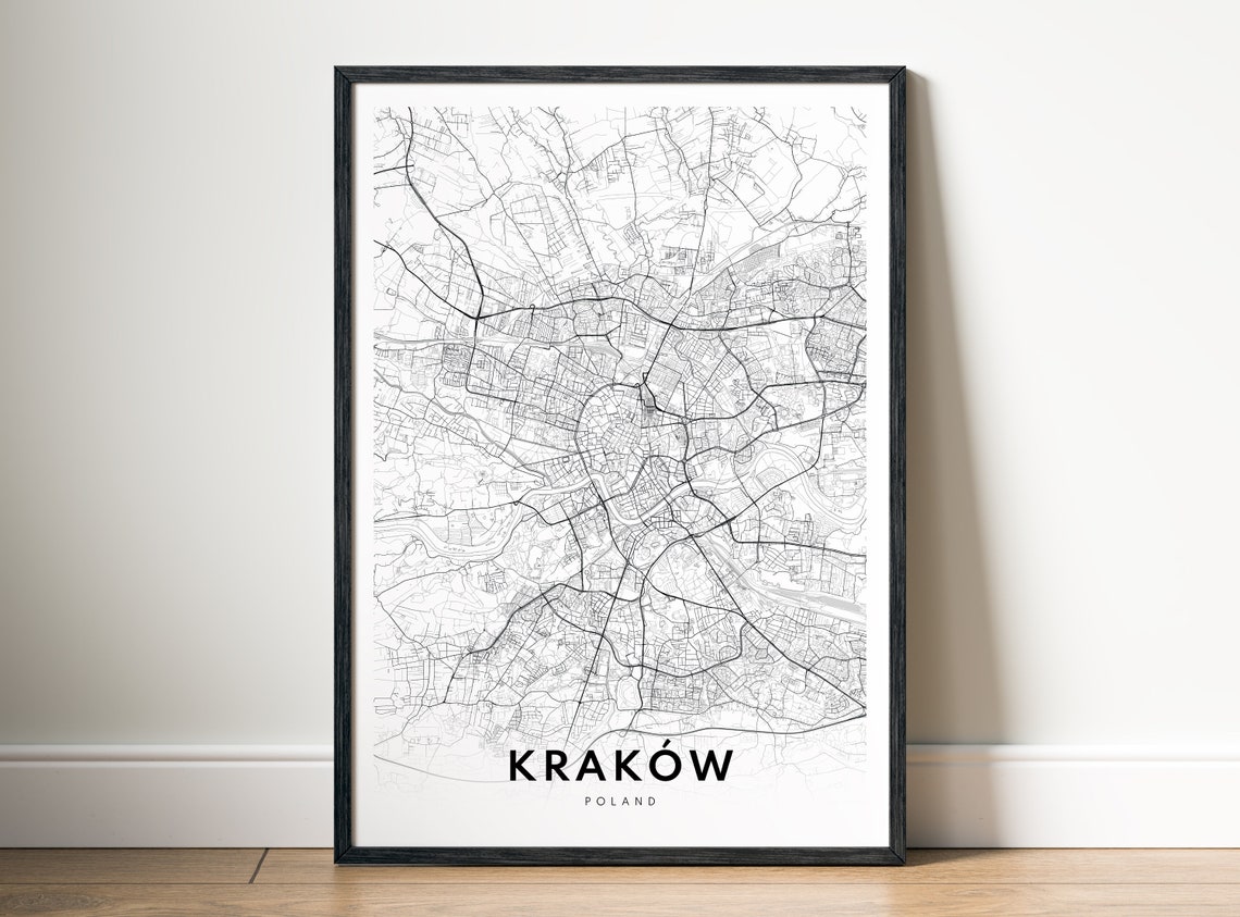 Krakow Poland Black and White Minimal City Street Map Art Poster