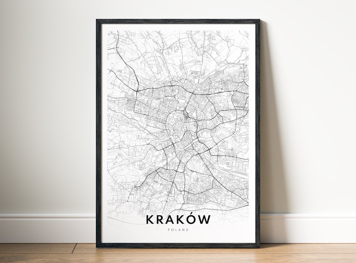 Krakw Map Print Poster Poland Black And White Wall Art Sketch