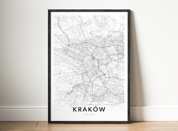 Krakw Map Print Poster Poland Black And White Wall Art Sketch