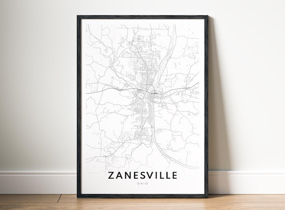 Zanesville Map Poster Ohio Black And White Minimalistic Print