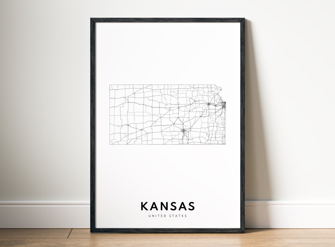 Kansas State Detailed Road Map Minimalist Black White Art Poster - Image 5