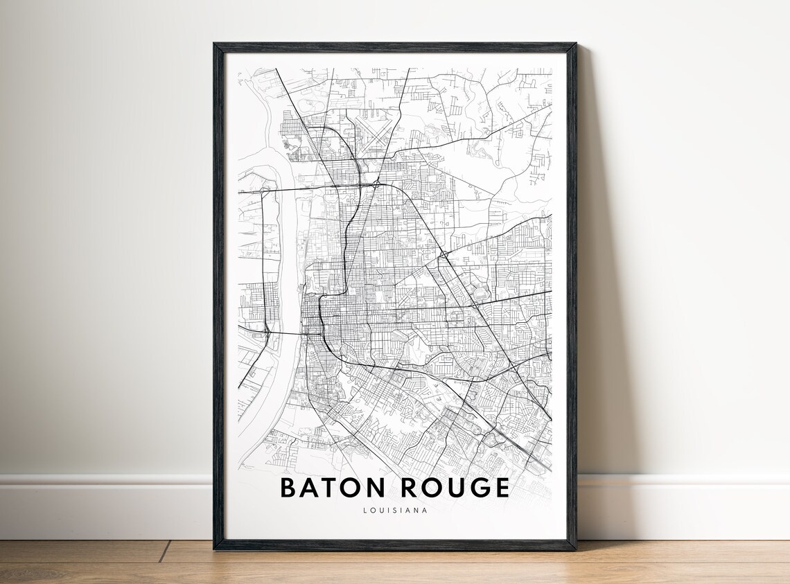 Baton Rouge Louisiana Map Print, Black and White