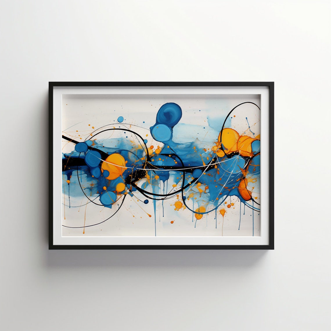 Abstract Blue Orange Ink Splatter Dynamic Energy Burst Art Poster
