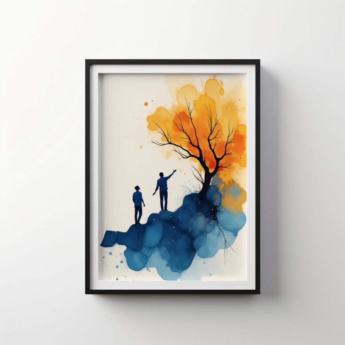 Soothing Indigo Island Silhouettes With Tree Watercolor Art Poster