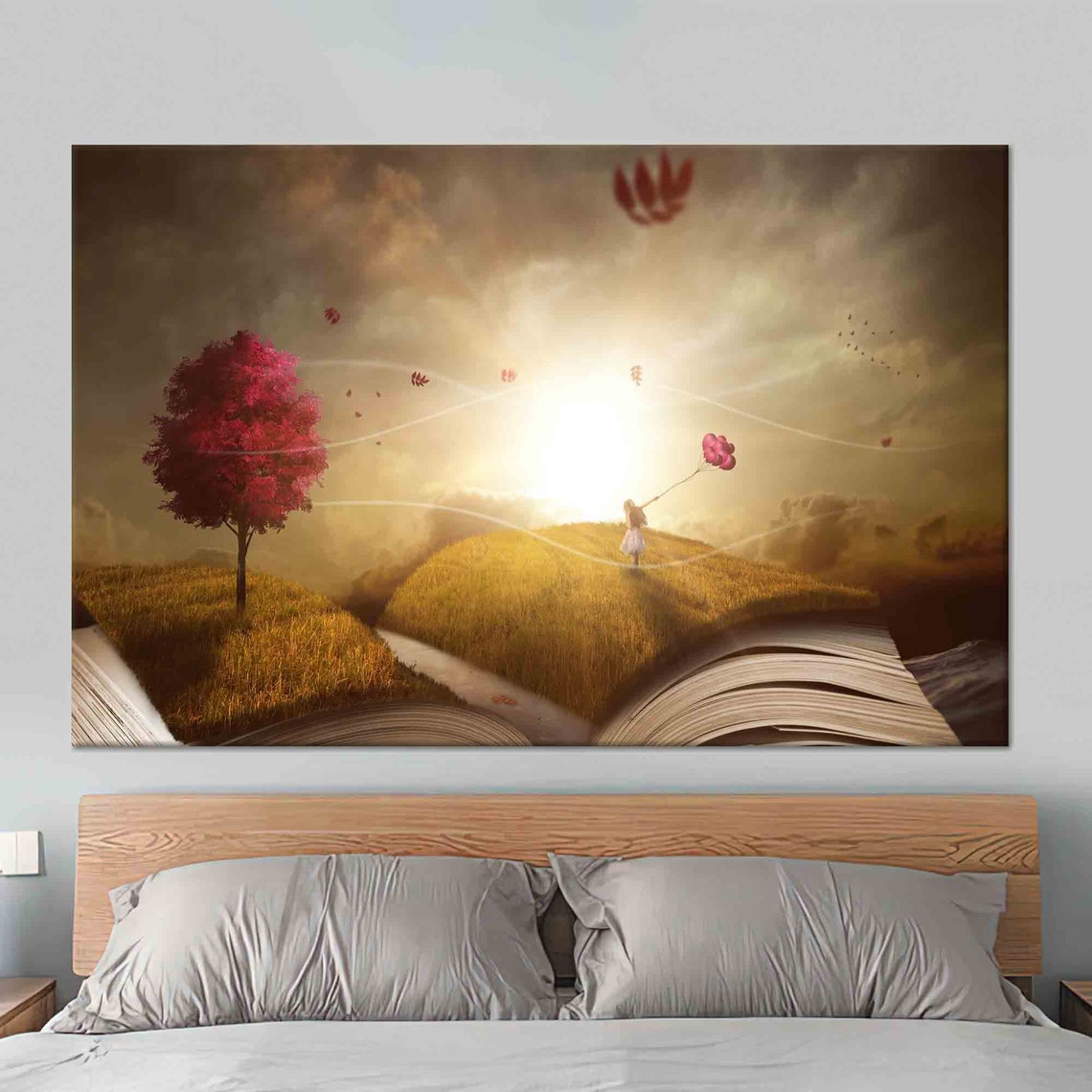 Open Book Fantasy World With Red Tree Girl and Balloons Poster