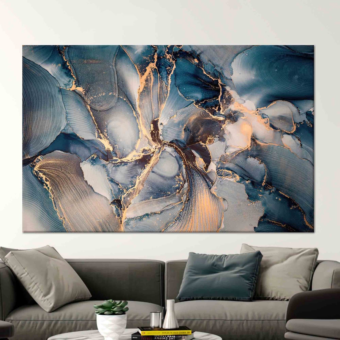 Blue and Gold Alcohol Ink Marble Modern Abstract Art Wall Poster