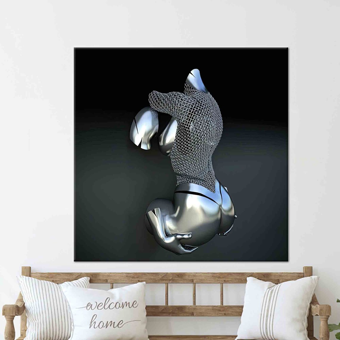 Silver Metallic Futuristic Figure Abstract 3D Sculpture Art Poster