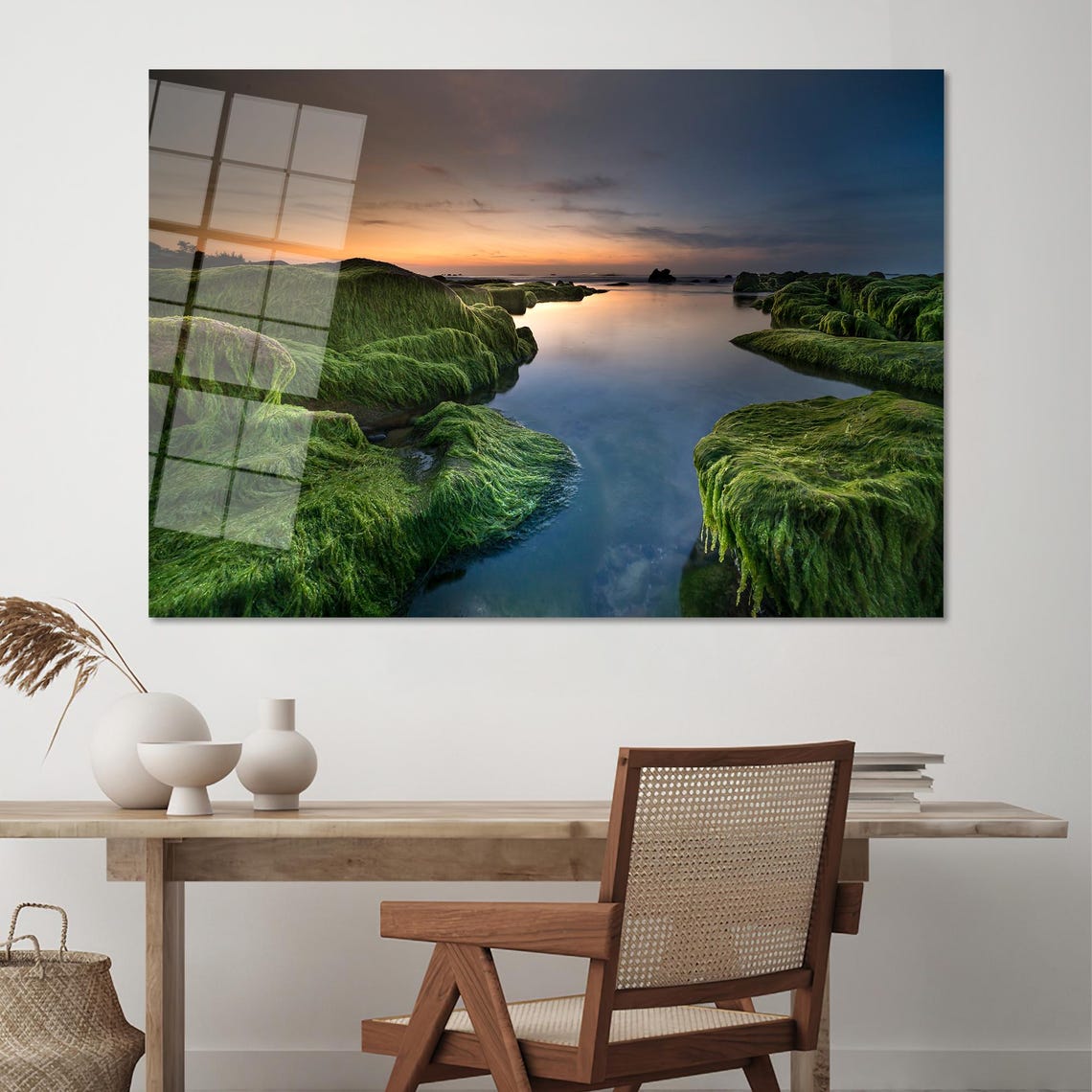 Green Moss-Covered Rocks At Sunset Coastal Landscape Art Poster - Image 2