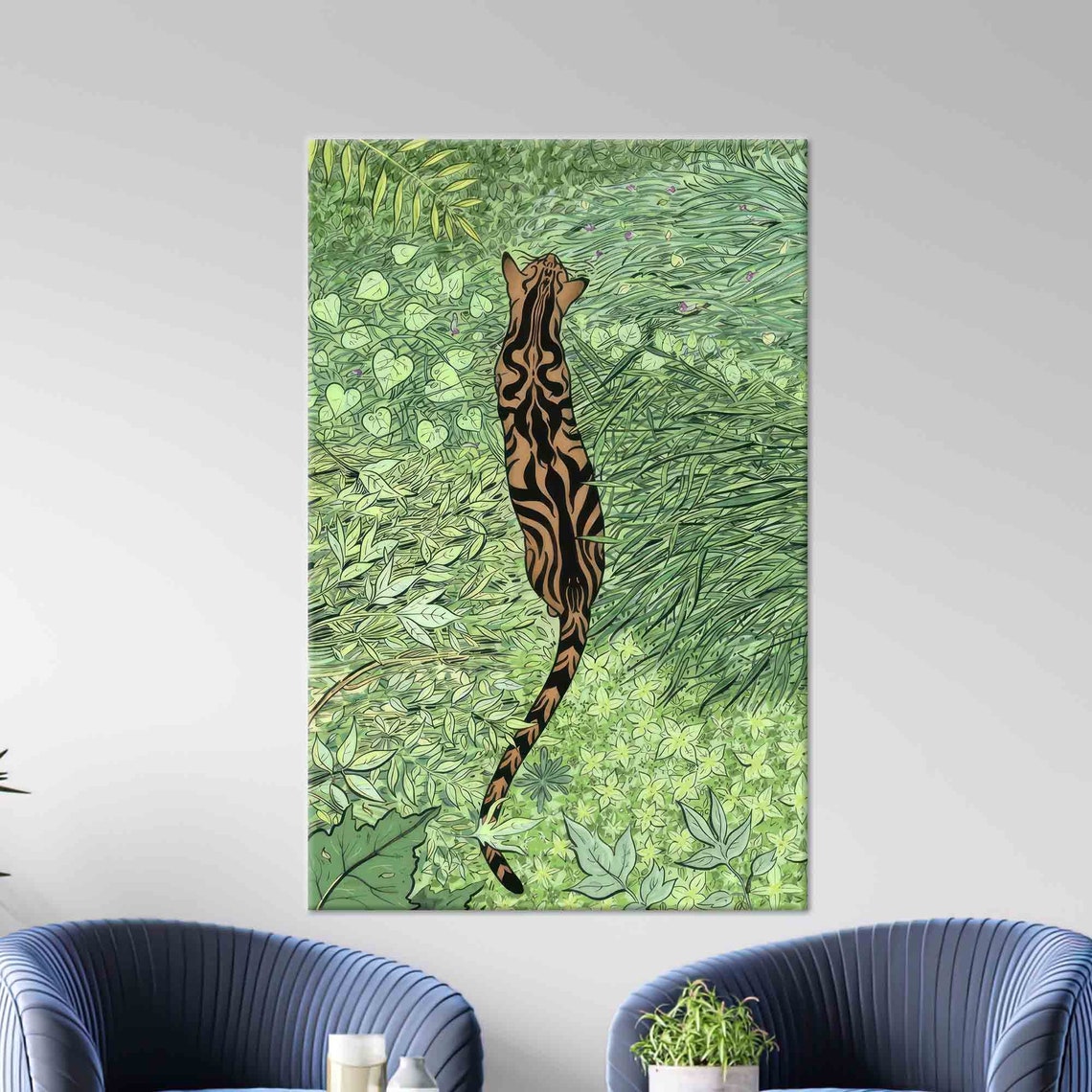 Stylized Bengal Tiger in Green Foliage Jungle Modern Decor Poster