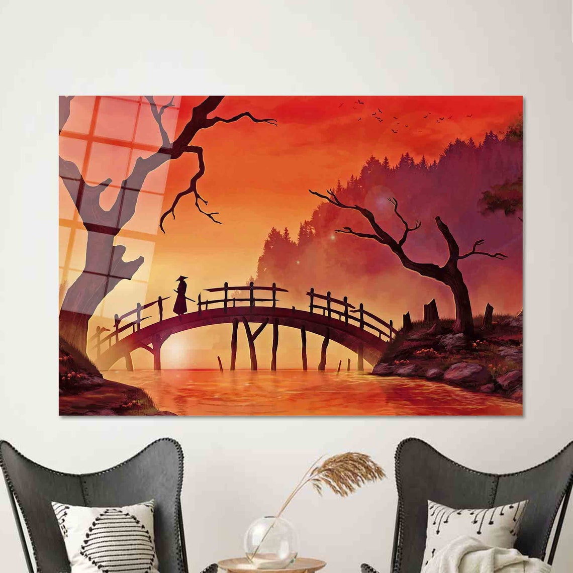 Lone Samurai Crossing Red Bridge at Sunset Anime Style Poster - Image 2