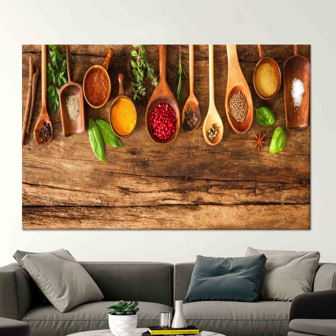 Colorful Spices in Wooden Spoons Rustic Kitchen Decor Wall Poster