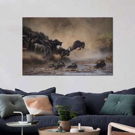 Wildebeest Herd Crossing The River In Dust Wildlife Art Poster