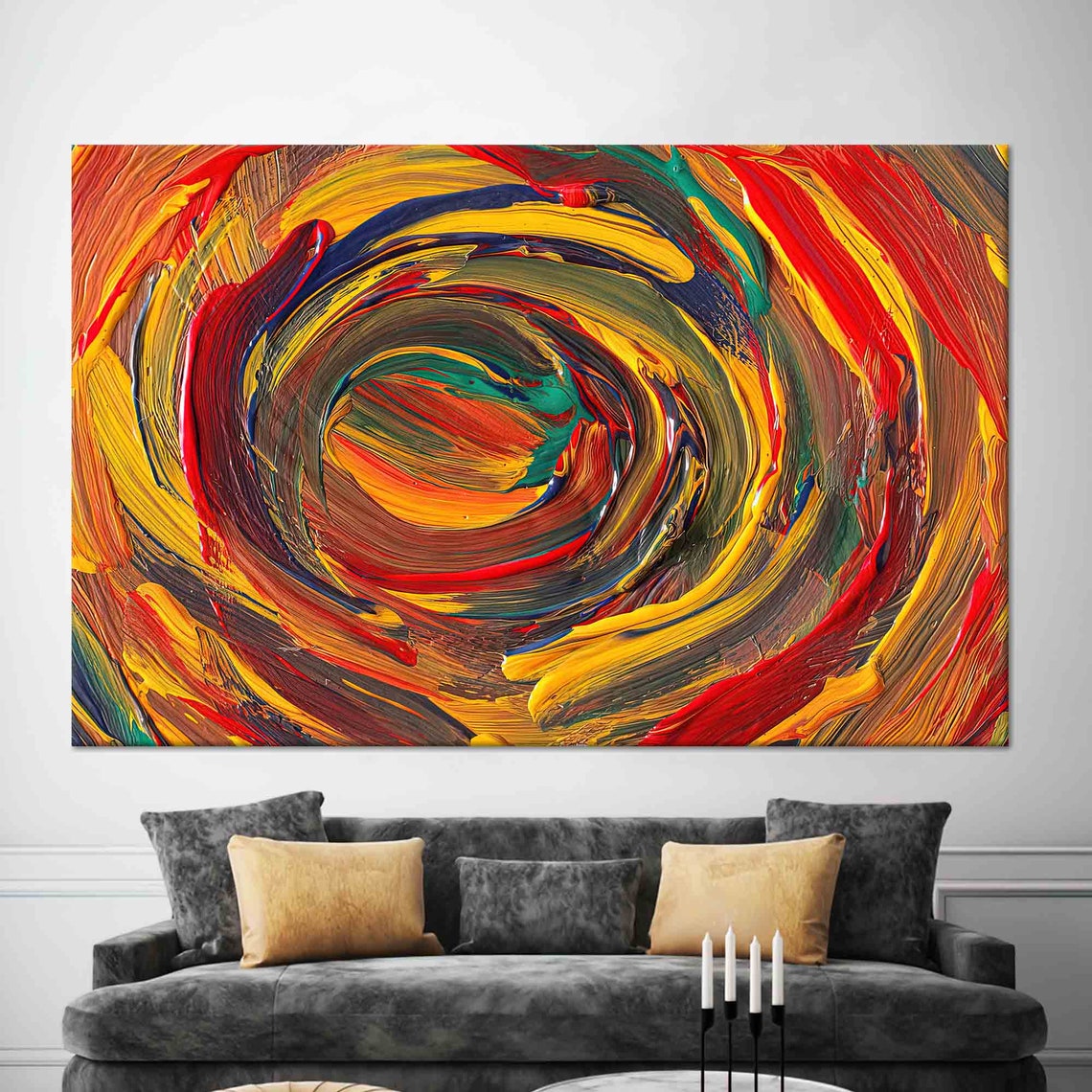 Red Yellow Teal Oil Paint Spiral Impasto Abstract Art Poster