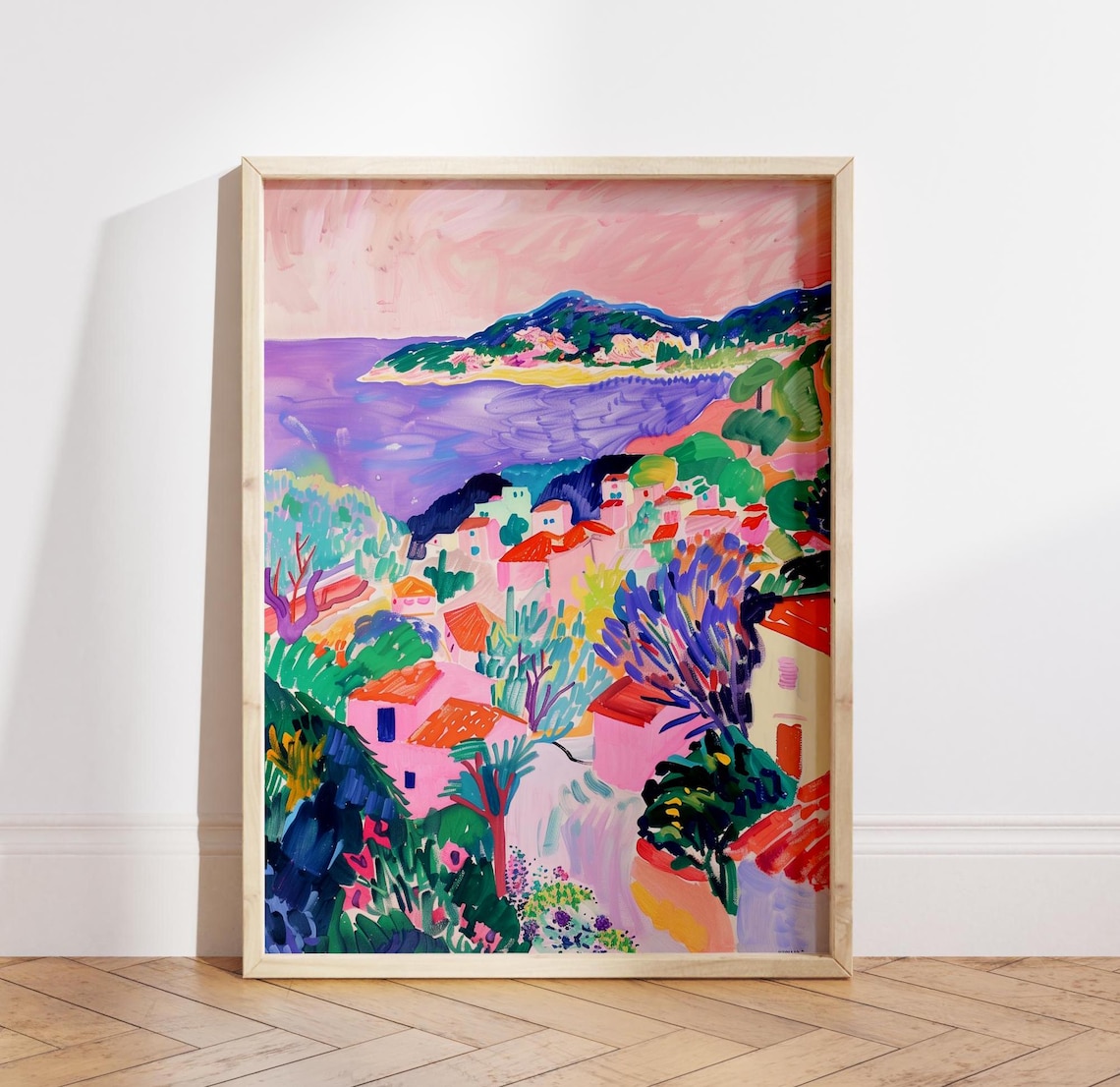 Matisse Style Colorful Coastal Village Fauvist Pink Art Poster