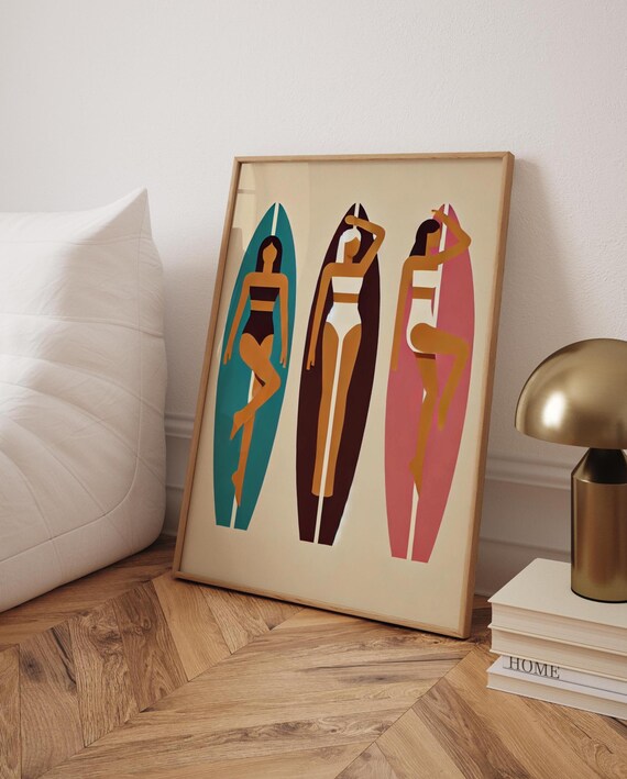 Mid Century Surfer Girls with Surfboards Retro Beach Art Poster