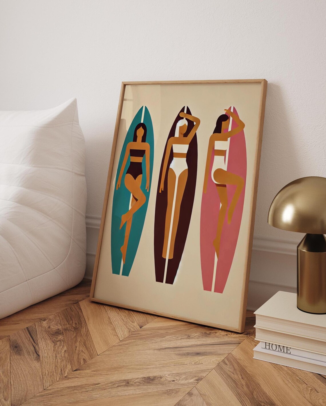 Mid Century Surfer Girls with Surfboards Retro Beach Art Poster